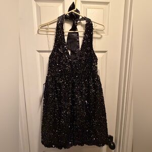 Emerald Sundae Black Sequin Halter Mini Dress- bubble hem